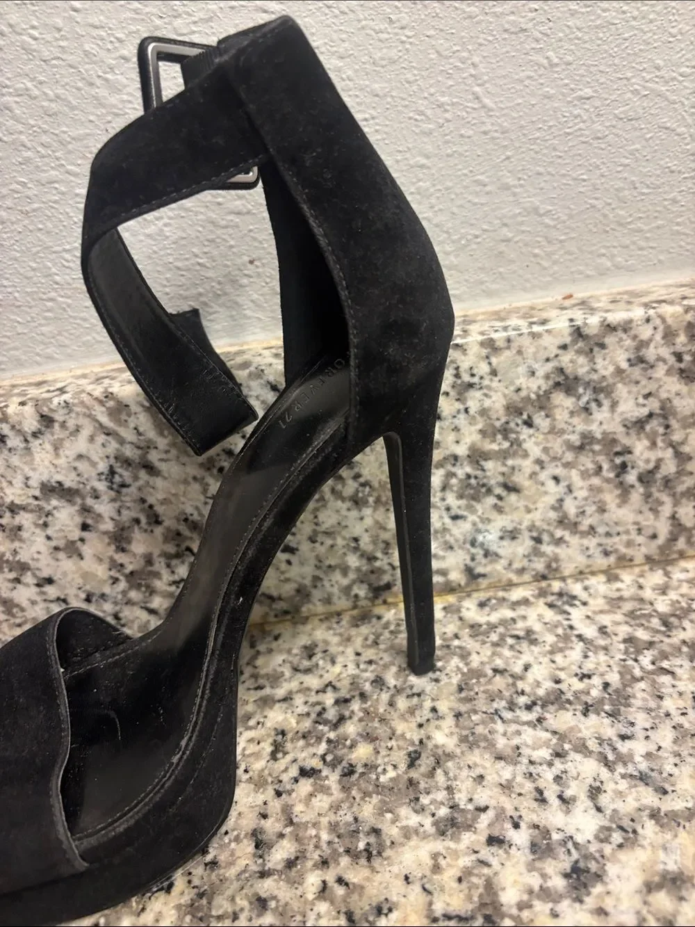 Forever 21 Black Suede Platform Ankle-Strap Stiletto Heels